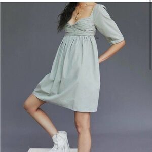 NWT Anthropologie Ruched Puff-sleeve, babydoll mini dress Sage green XSP